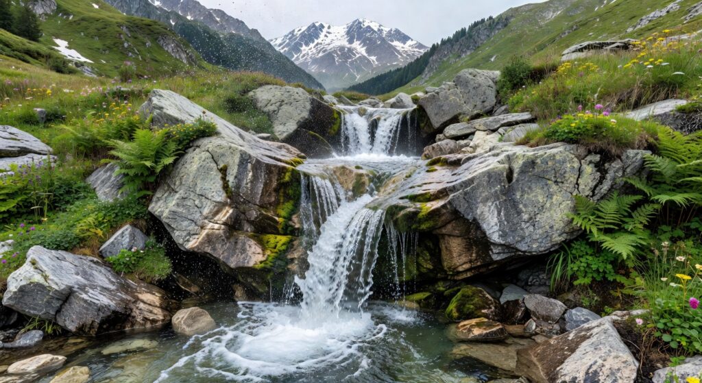 Source d'eau pure dans les Alpes françaises avec montagne en arrière-plan