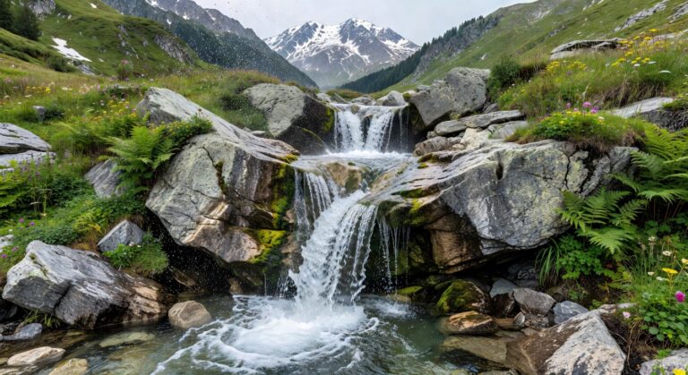 Source d'eau pure dans les Alpes françaises avec montagne en arrière-plan