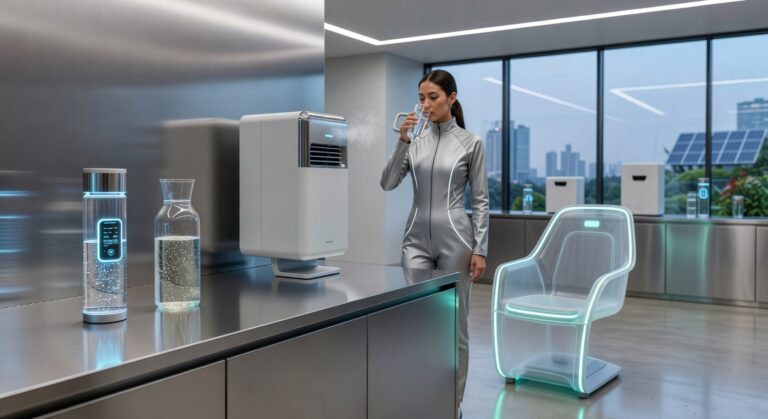 Personne buvant un verre d'eau pure avec des technologies d'hydratation modernes en arrière-plan