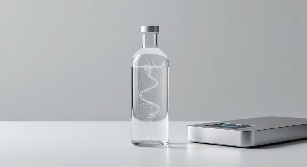 Verre d'eau hydrogénée avec bulles d'hydrogène visibles et générateur électronique