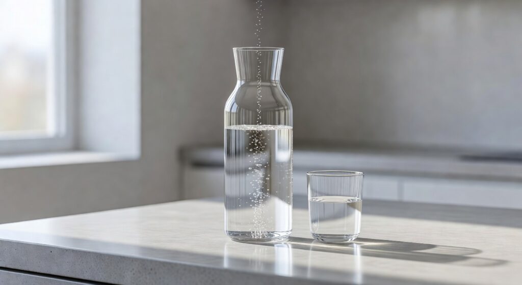 Verre d'eau hydrogénée avec bulles d'hydrogène moléculaire visibles