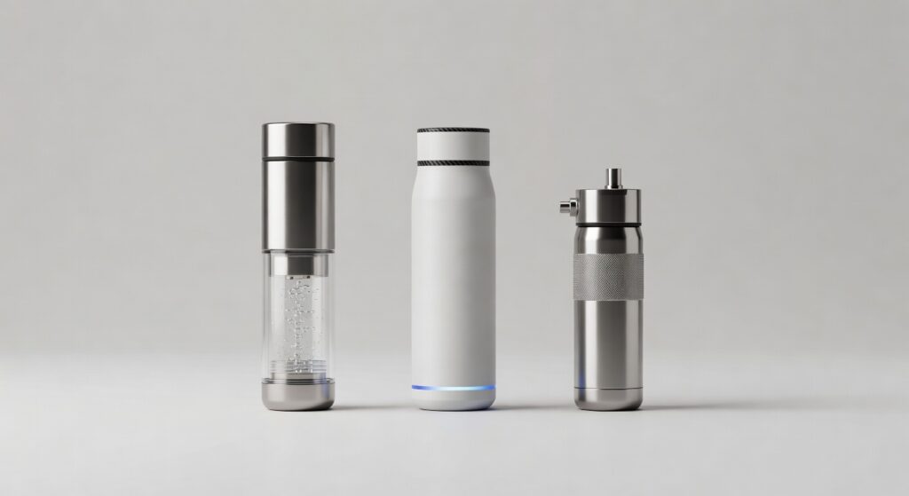 Bouteille hydrogène portable avec technologie PEM et écran LED sur table de bureau