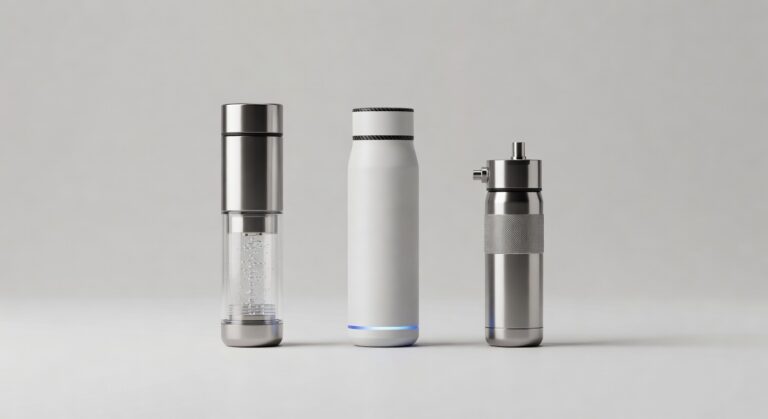 Bouteille hydrogène portable avec technologie PEM et écran LED sur table de bureau